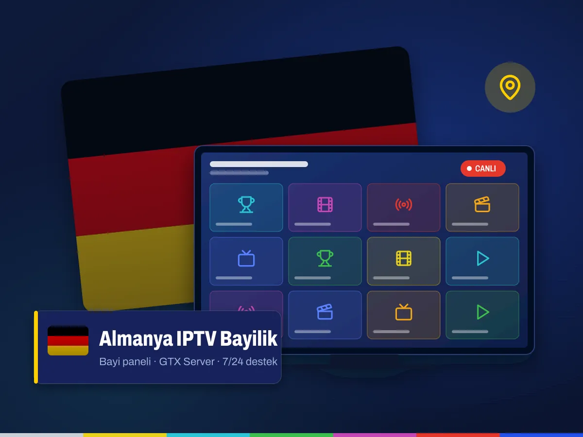 Almanya IPTV bayilik: Alman bayrağı önünde IPTV bayi paneli ve canlı yayın ekranı