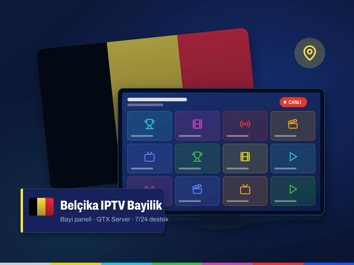 Belçika IPTV bayilik: Belçika bayrağı önünde IPTV bayi paneli ve canlı yayın ekranı